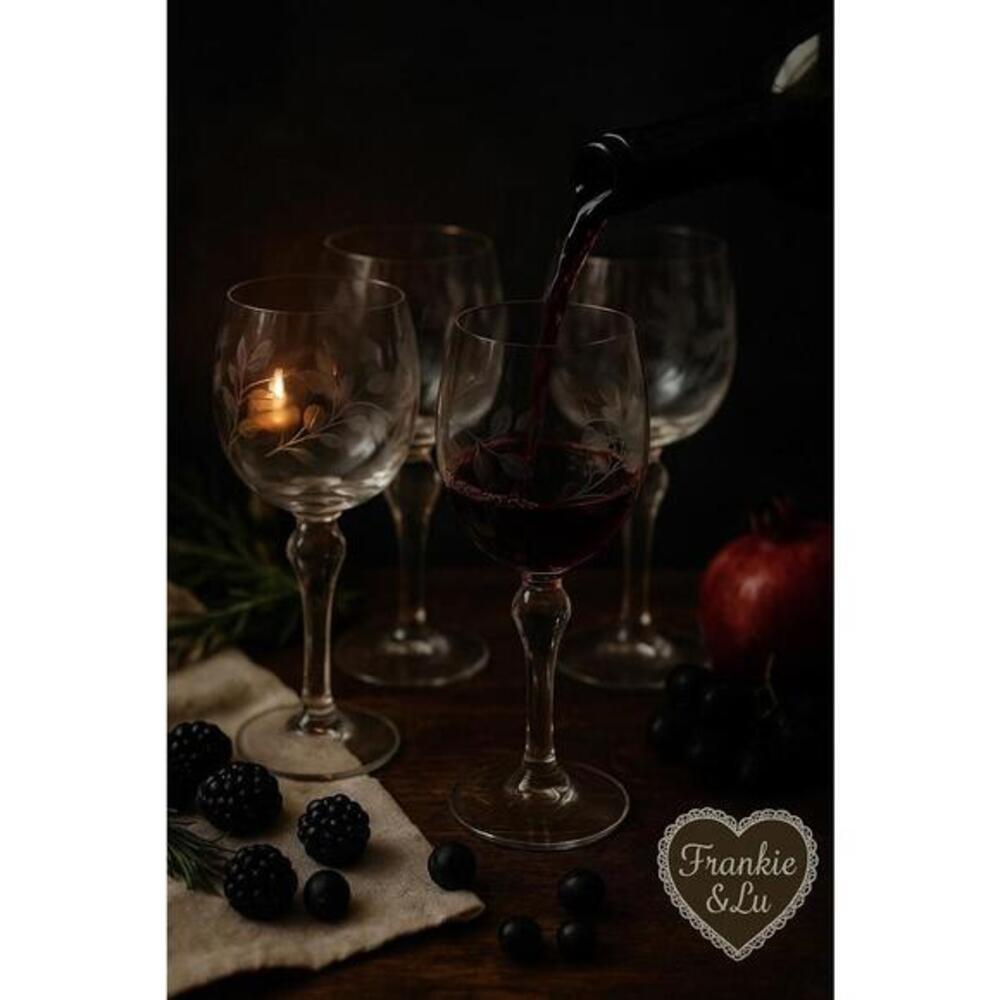 Set of 4 Vintage Etched Floral Wine Goblets Balloon Bowl Stemware